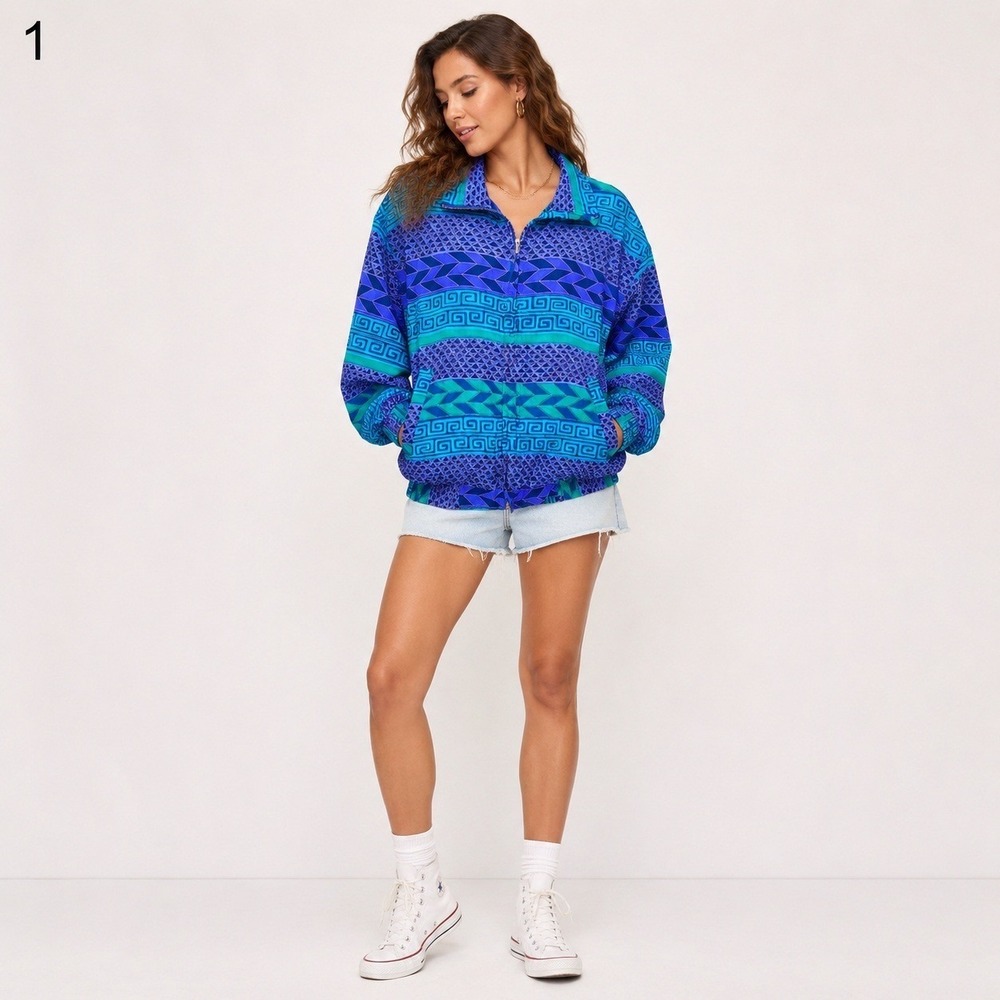 Vintage FUDA International Windbreaker Jacket Medium Blue Silk Geometric Pockets